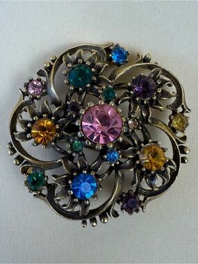 Vintage Signed CORO Brooch Pink Blue Rhinestone Floral Pin & Original Box 551/